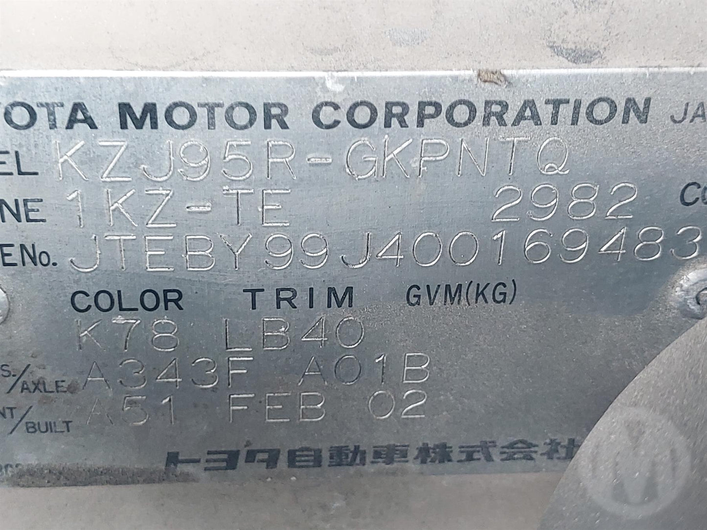 2002 Toyota Land Cruiser Prado 1KZ 0896778 WRECKING FOR PARTS ONLY